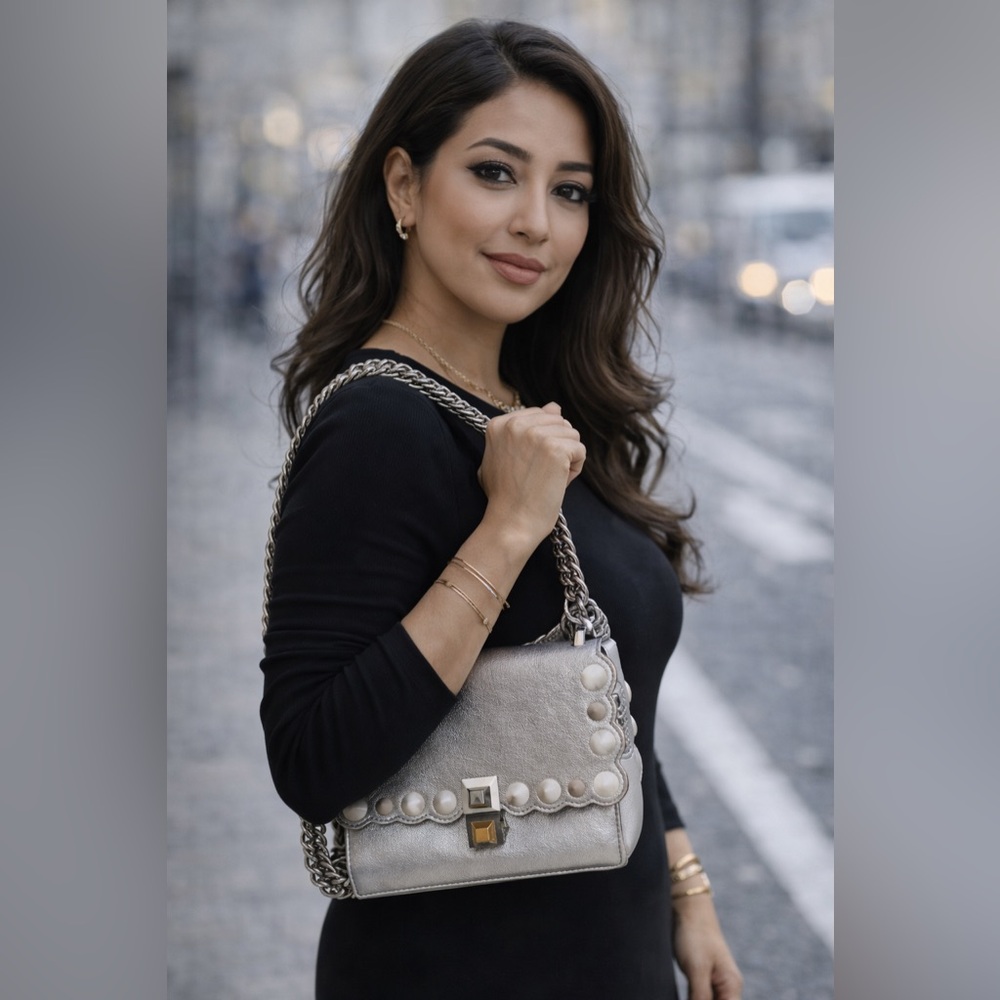 Fendi Kan I silver metallic calfskin leather scalloped studded shoulder bag